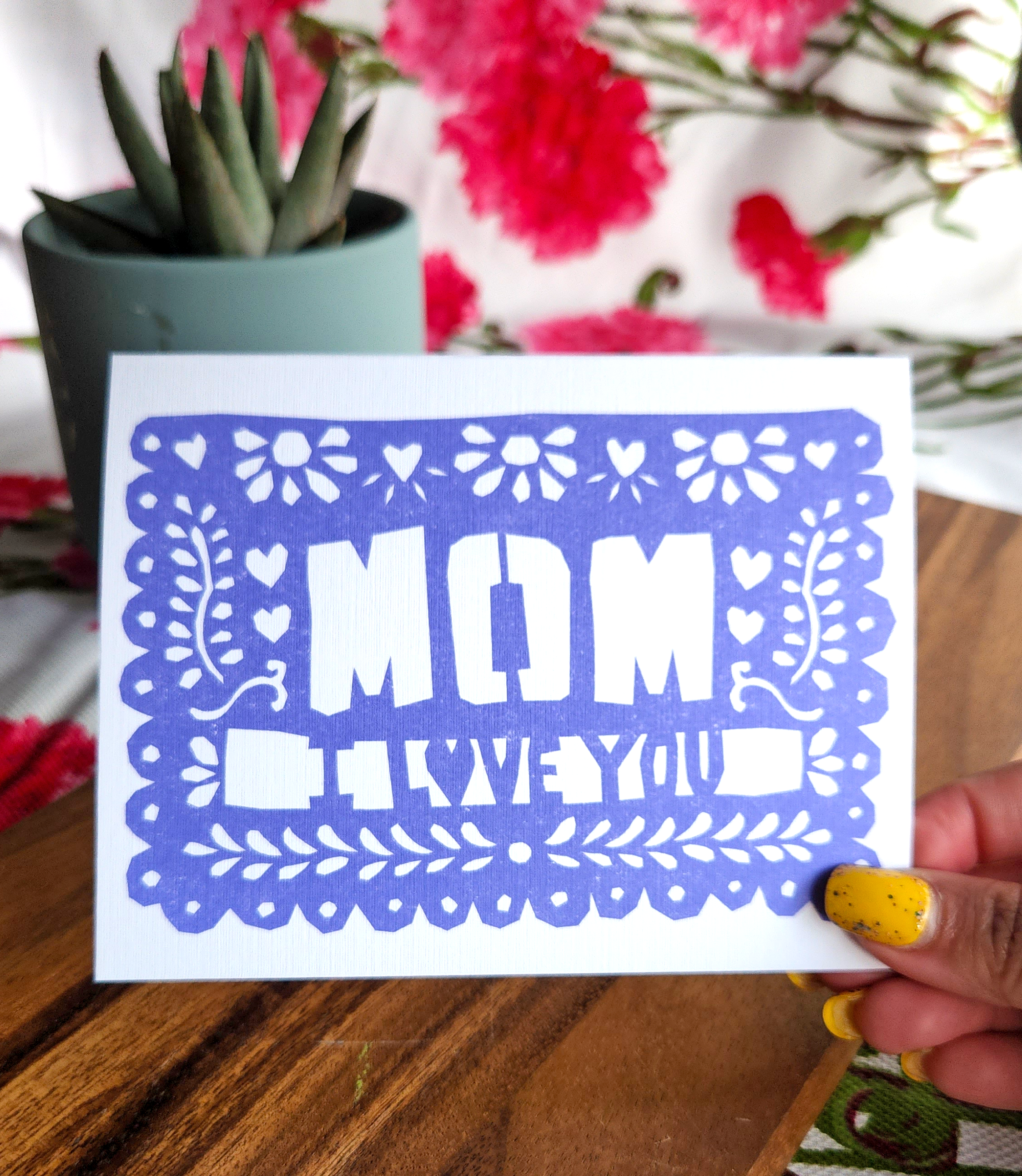 Erica Alfaro Designs - Mom I Love You Papel Picado Greeting Card: Periwinkle