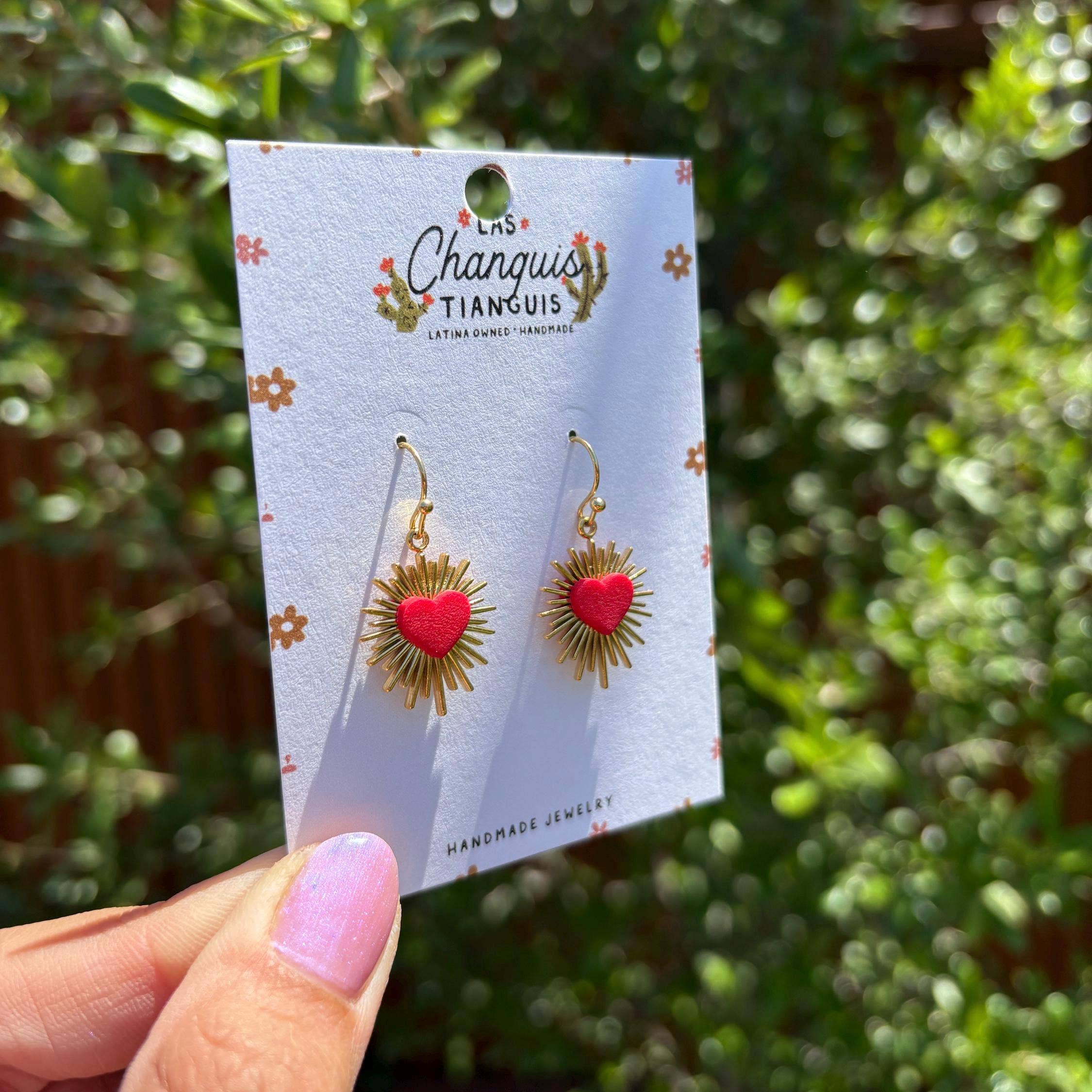 Las Changuis Tianguis - Sacred Heart Burst Earrings – Red & Gold Handmade