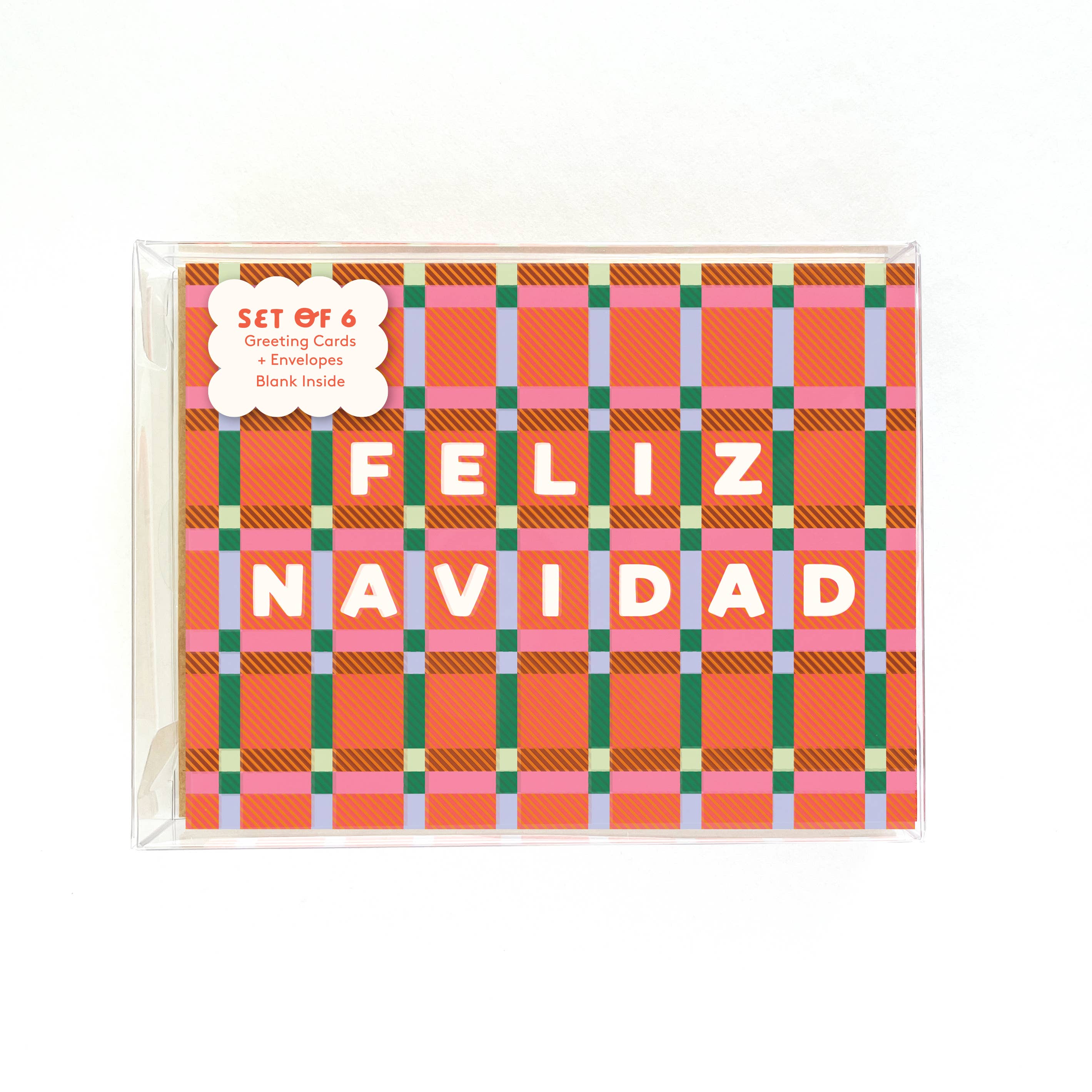 Ana Peake - Boxed Set of 6 Feliz Navidad Plaid Spanish Greeting Cards 
