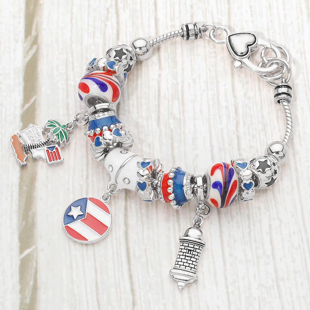 Puerto Rico Flag Charm Multi-Bead Bracelet: Silver