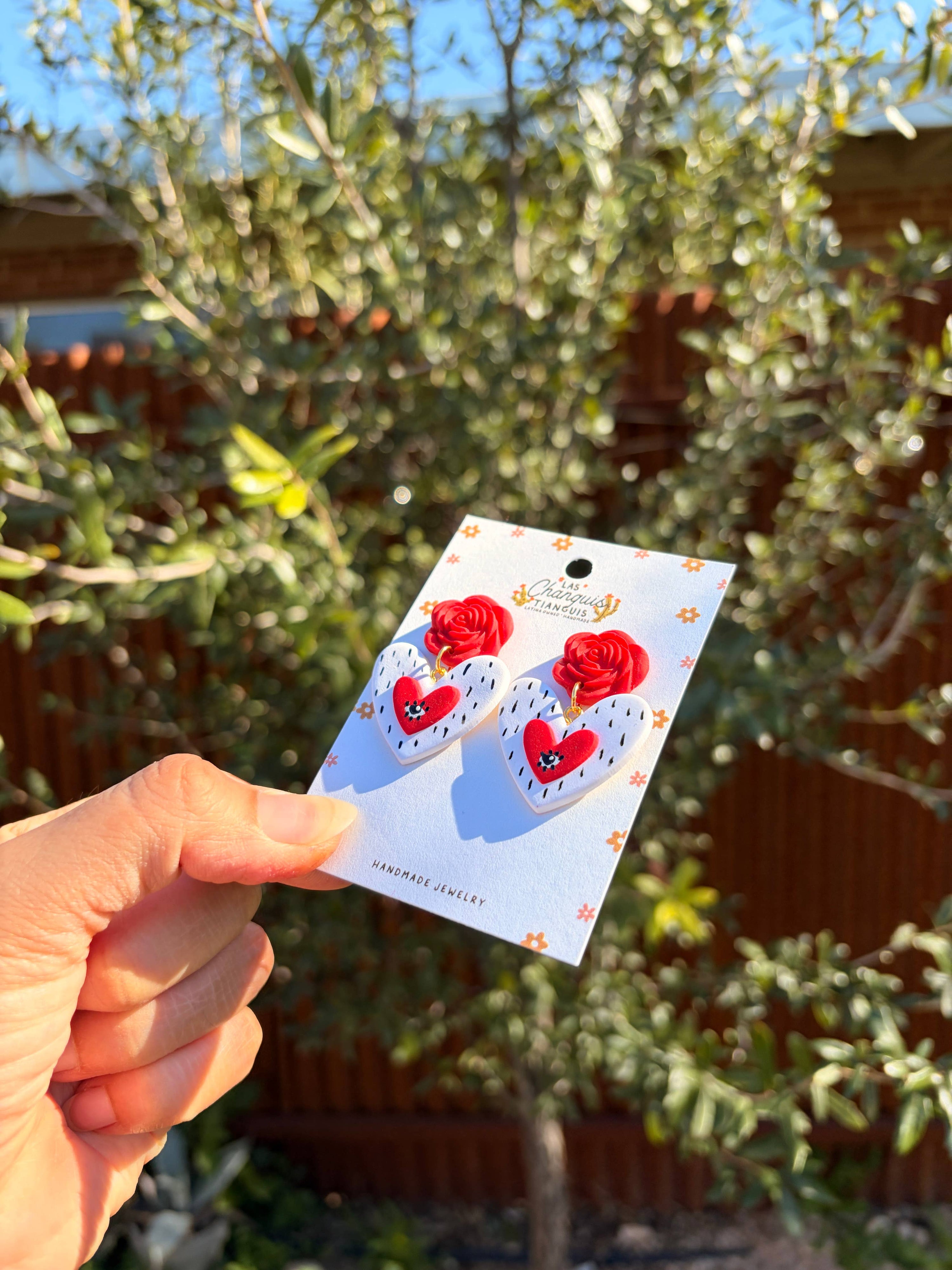 Las Changuis Tianguis - Evil eye Milagrito Heart & Rose Clay Earrings