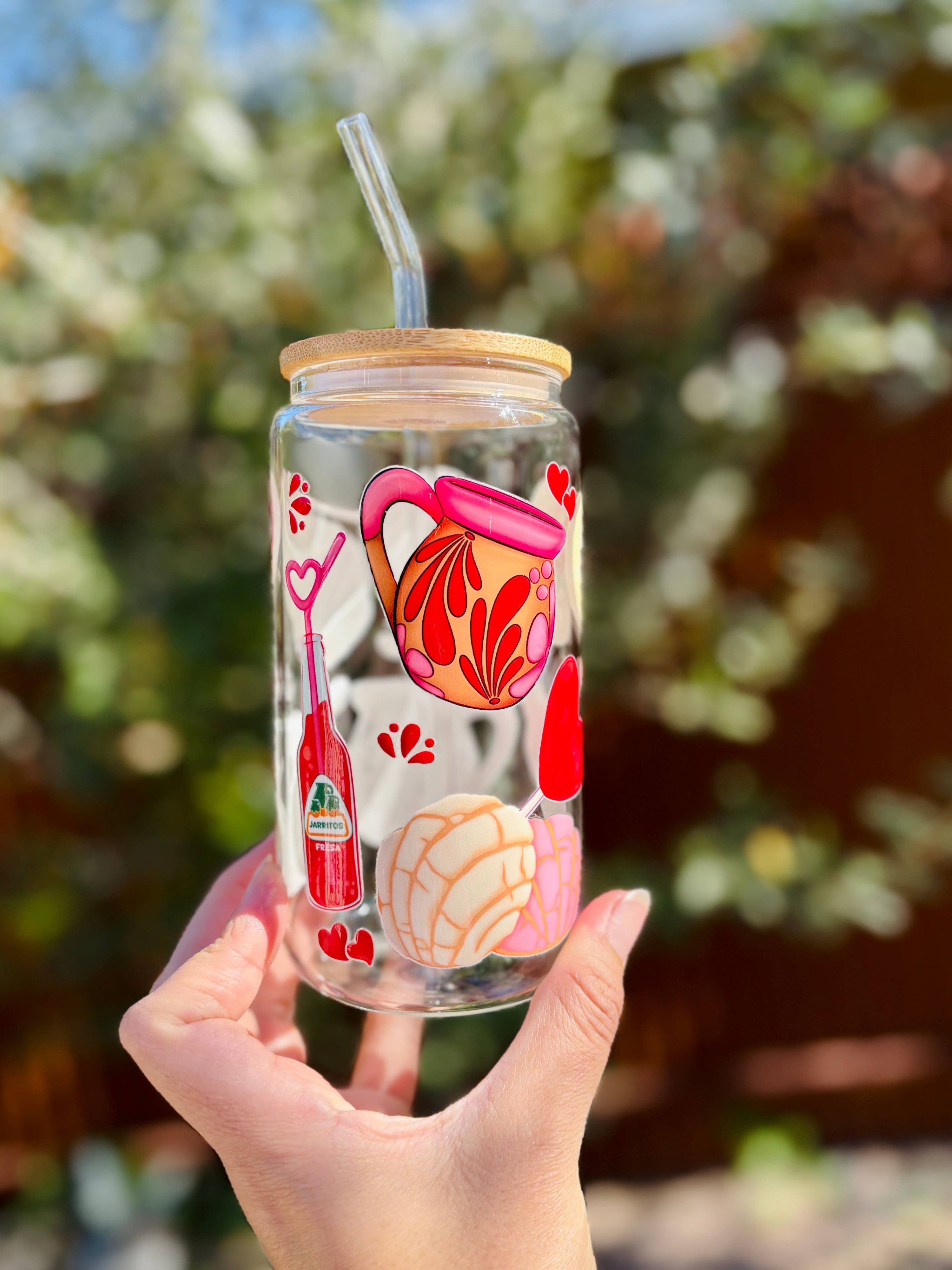 Las Changuis Tianguis - Valentine Mexican-Inspired Glass Can Cup – 16oz, Bamboo Lid