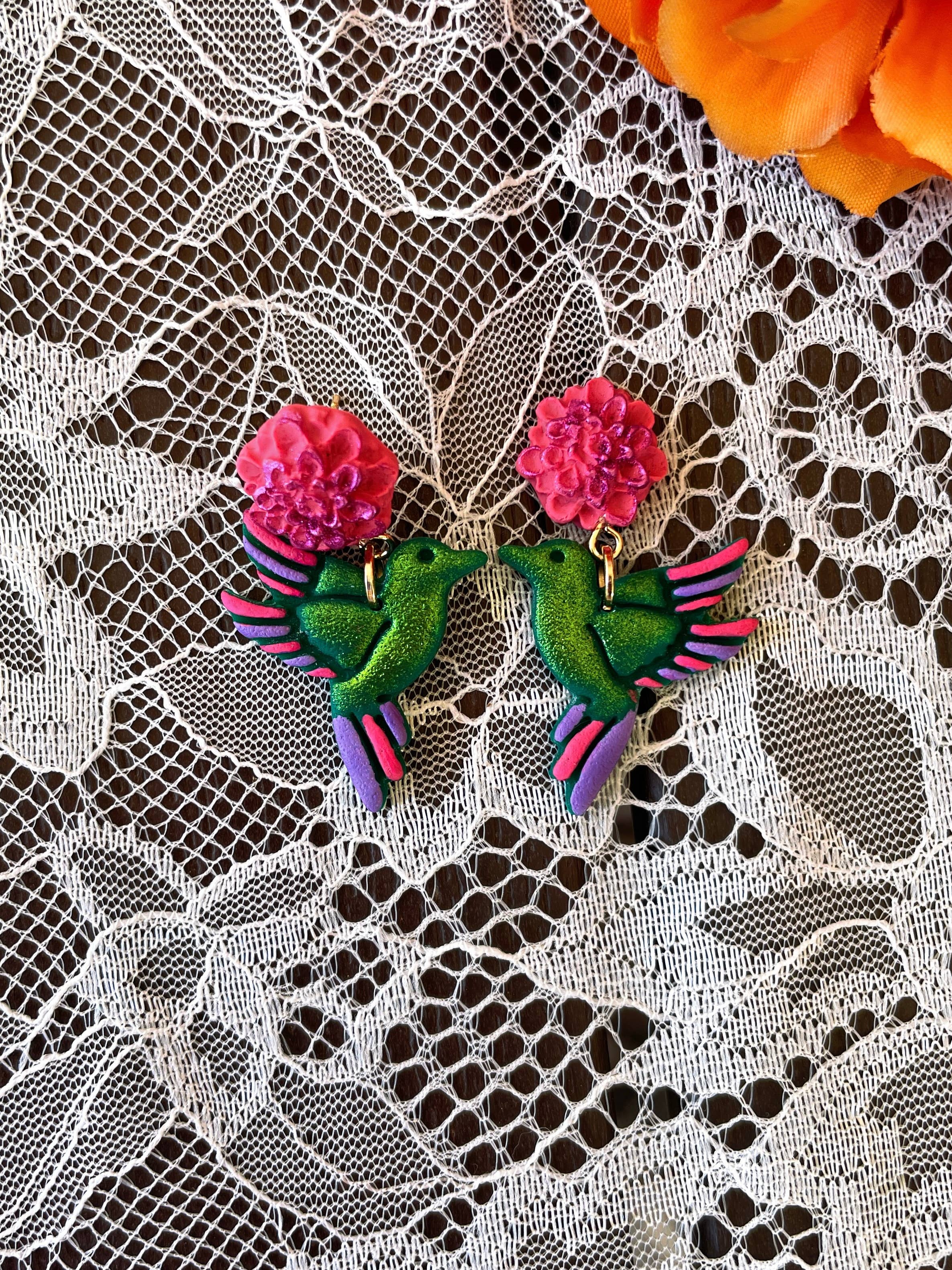 Las Changuis Tianguis - Colibri Handpainted Earrings - Dia de los Muertos Jewelry - Day of the Dead Collection Dia de los Muertos Jewelry