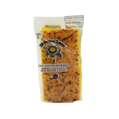 "Close-up of a single El Super Leon Cocada Horneada candy, highlighting its texture and appearance."