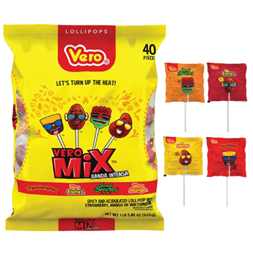  A close-up photo of a clear plastic bag filled with brightly colored lollipops of various shapes and sizes. The lollipops have bold patterns and are in shades of red, blue, green, yellow, and orange. The bag has a label with the brand name "Vero Mix" and "Banda Intensa" in bold letters, along with an image of a person playing a musical instrument.