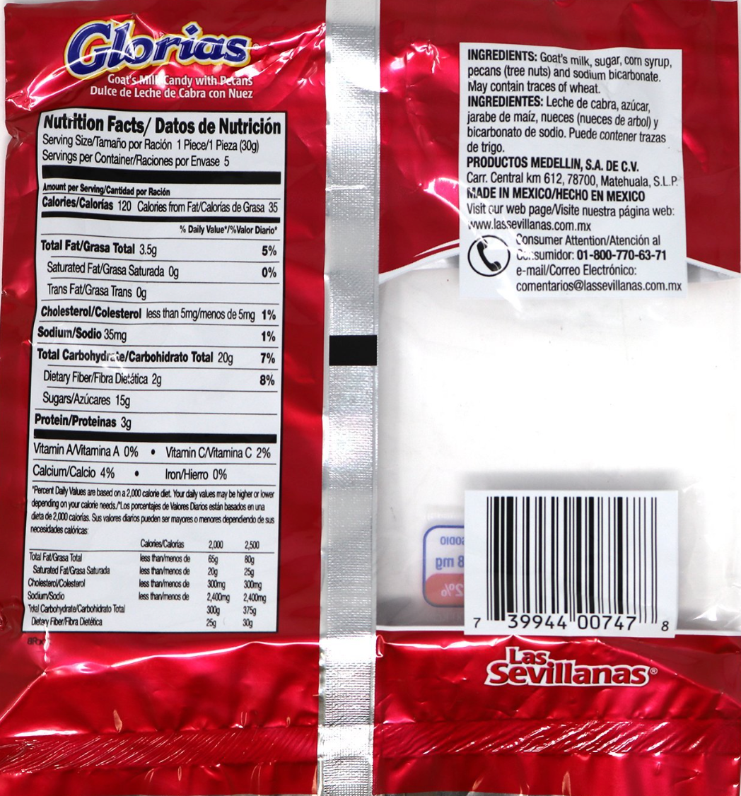 Back side and nutrition facts of Glorias