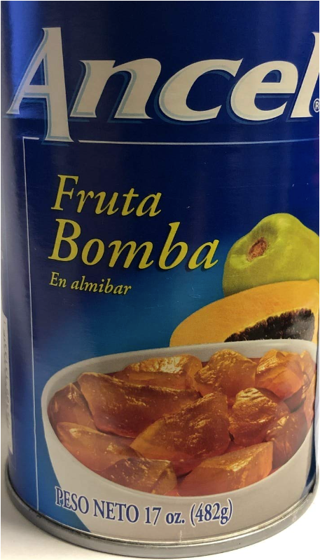 Alt text: "A can of Ancel Fruta Bomba en Almíbar, which contains 17 ounces of sliced tropical fruit in syrup. The can is shown isolated on a white background.