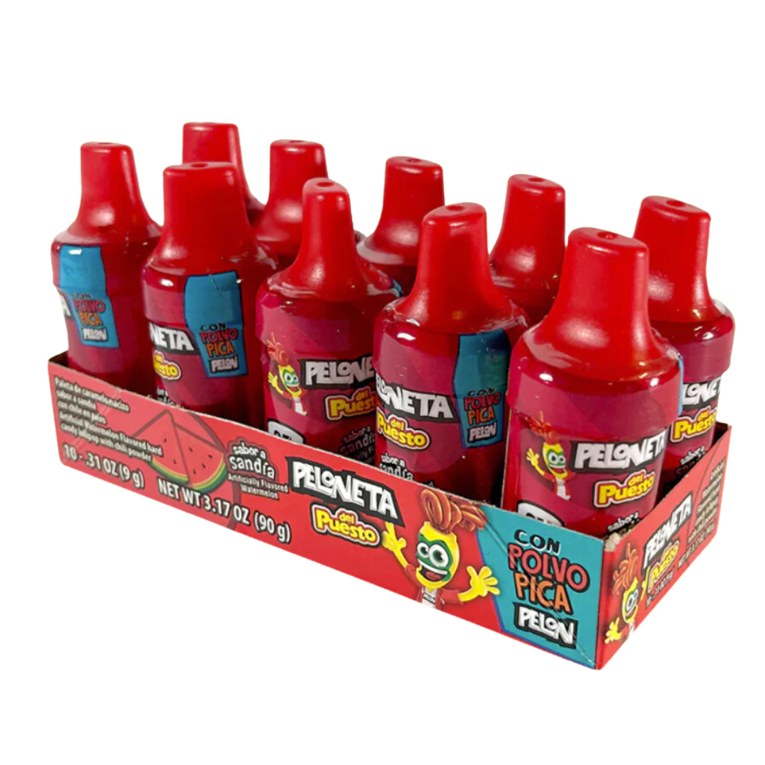 A close-up photo of a green and white striped plastic container filled with small, square-shaped watermelon-flavored candies.