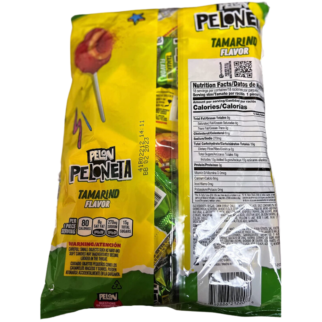 Back of Pack of Pelonetas Lollipop, a type of Mexican candy that consists of a lollipop with a tamarind-flavored coating.