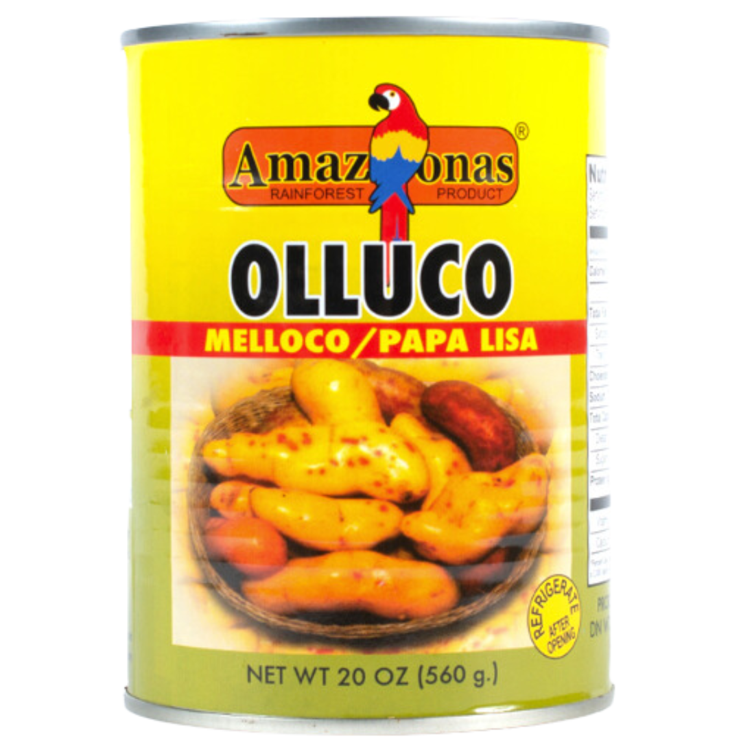 Image shows a can of Amazonas brand Olluco, a type of Andean root vegetable, with the label featuring the words 'Papa Lisa' and '20 Oz'. The can is single-serving size and is presented against a plain white backgroun