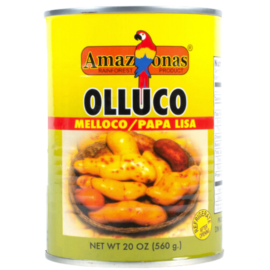 Image shows a can of Amazonas brand Olluco, a type of Andean root vegetable, with the label featuring the words 'Papa Lisa' and '20 Oz'. The can is single-serving size and is presented against a plain white backgroun