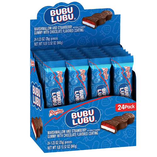 A cardboard box with the brand name "Bubu Lubu" and a product image printed on it. The image shows a cross-section of the candy, with a layer of marshmallow sandwiched between two layers of strawberry flavored jelly, all coated in chocolate. 