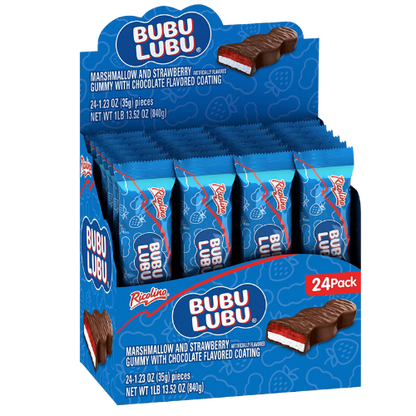 A cardboard box with the brand name "Bubu Lubu" and a product image printed on it. The image shows a cross-section of the candy, with a layer of marshmallow sandwiched between two layers of strawberry flavored jelly, all coated in chocolate. 