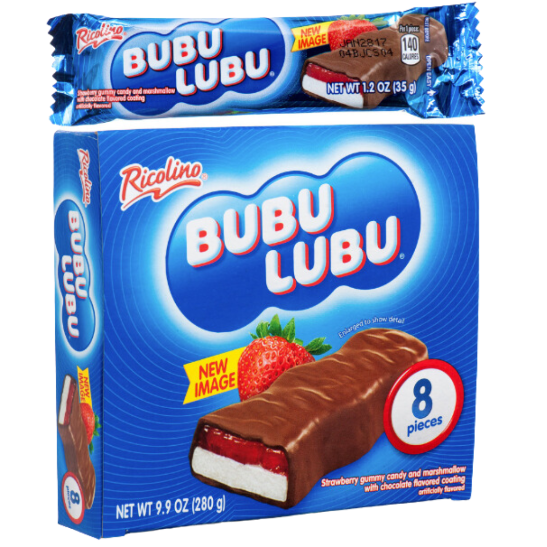 An image of a Pack of Ricolino Bubu Lubu candy bars, a Mexican confection consisting of a marshmallow-like center with a strawberry jelly filling, covered in chocolate.