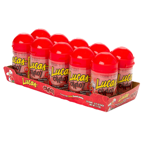 A clear plastic bottle filled with a bright red liquid, with a yellow and blue label. The label has the brand name "Lucas" in large letters, with the words "Baby Chamoy" underneath in smaller letters. There is an image of a cartoon baby wearing a blue hat and holding a red and yellow bottle on the label. The background of the label is decorated with various shapes and patterns in yellow and blue.