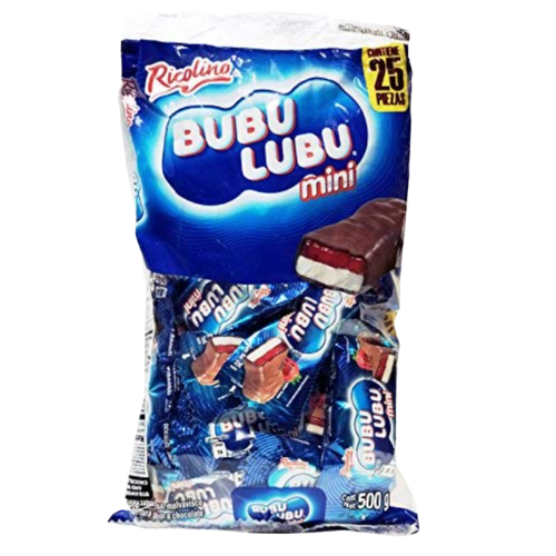 The box contains 25 individual packs of the candy, each with a red wrapper and the Bubu Lubu logo printed on it.