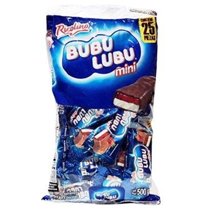 The box contains 25 individual packs of the candy, each with a red wrapper and the Bubu Lubu logo printed on it.