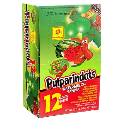"Package of PulparinDots Sandia candy, a popular Mexican treat with a small, round shape and a sweet watermelon flavor made from tamarind pulp."