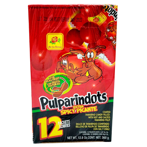 "Package of PulparinDots Extra Spicy candy, a popular Mexican treat with a small, round shape and a spicy flavor made from tamarind pulp and chili powder."
