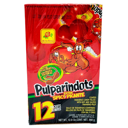 "Package of PulparinDots Extra Spicy candy, a popular Mexican treat with a small, round shape and a spicy flavor made from tamarind pulp and chili powder."