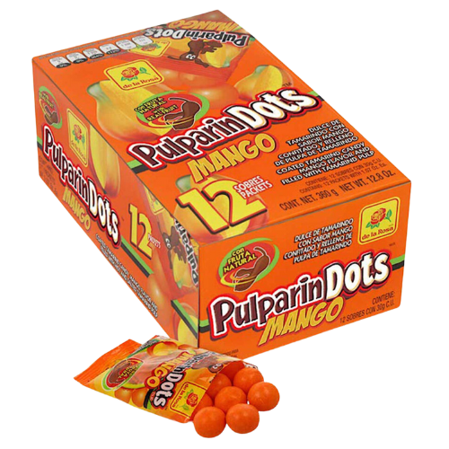 "Package of PulparinDots Mango candy, a popular Mexican treat with a small, round shape and a sweet flavor made from real mango fruit."