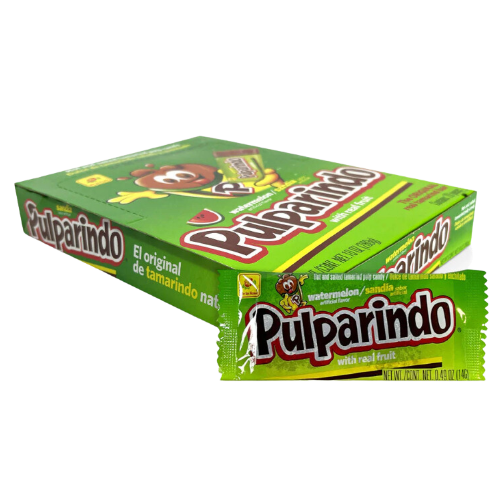 "Group of Pulparindo Sandia candies arranged in a row, showcasing their vibrant packaging and unique shape."