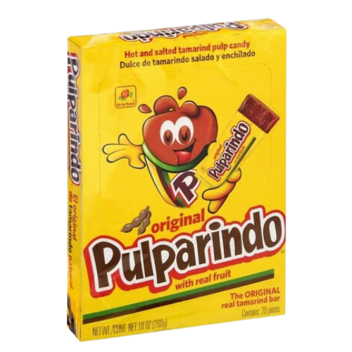 rectangular candy wrapper with the words 'Pulparindo de Tamarindo Natural' in white letters at the top and a picture of a tamarind fruit in the center. The candy itself is a dark, sticky substance with a sweet and sour taste, made from natural tamarind flavoring