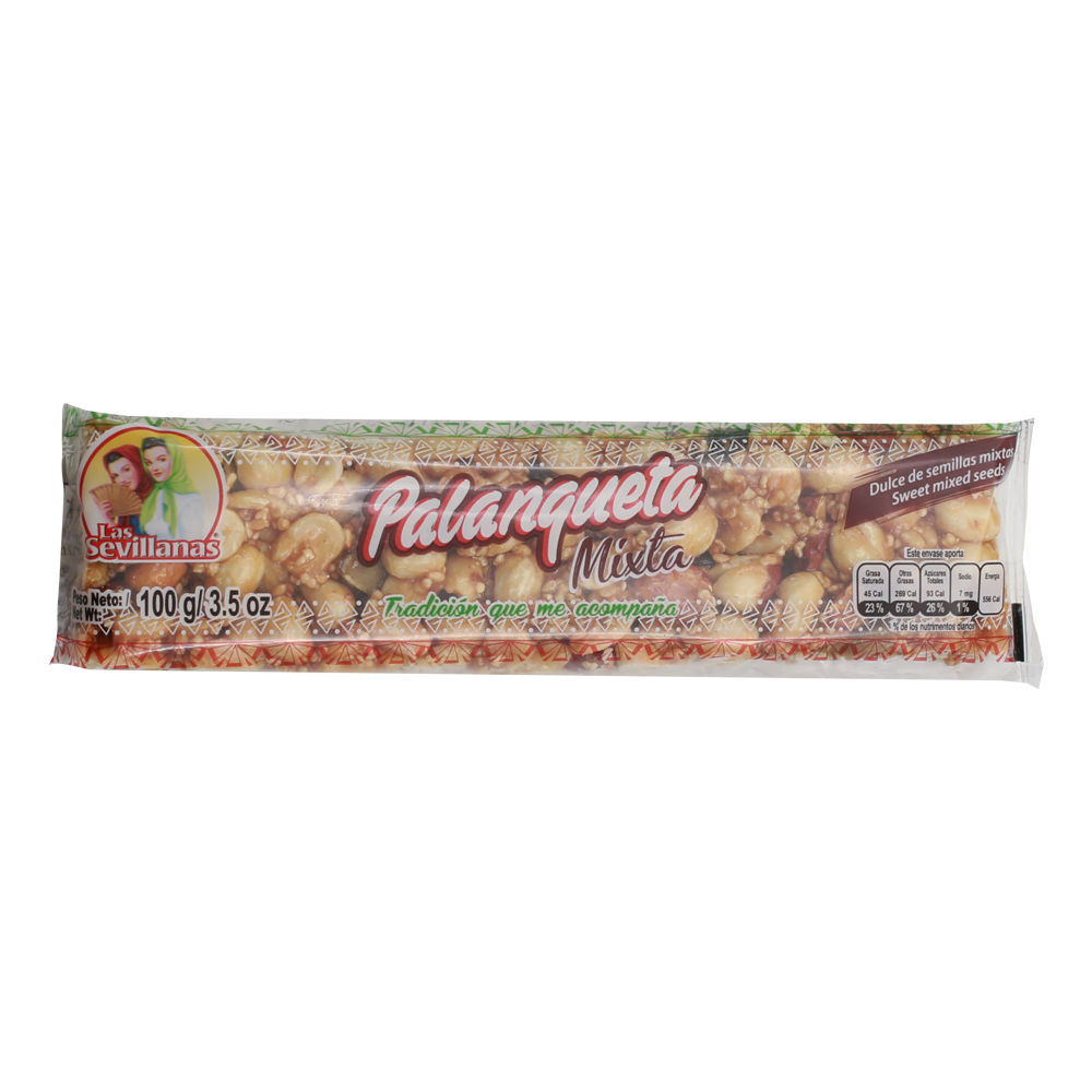 A rectangular clear plastic package containing a mix of various types of "palanqueta", a traditional Mexican candy made of peanuts and caramelized sugar. 