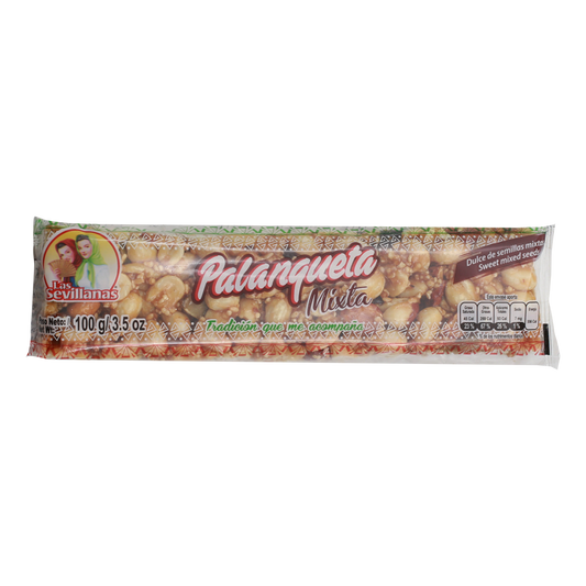 A rectangular clear plastic package containing a mix of various types of "palanqueta", a traditional Mexican candy made of peanuts and caramelized sugar. 