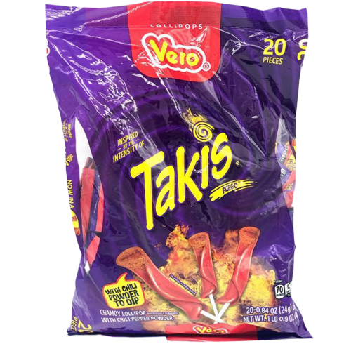 The bag contains 20 individual Takis Fire Lollipops, which are spicy and sweet lollipops that have a Takis chip inside them.